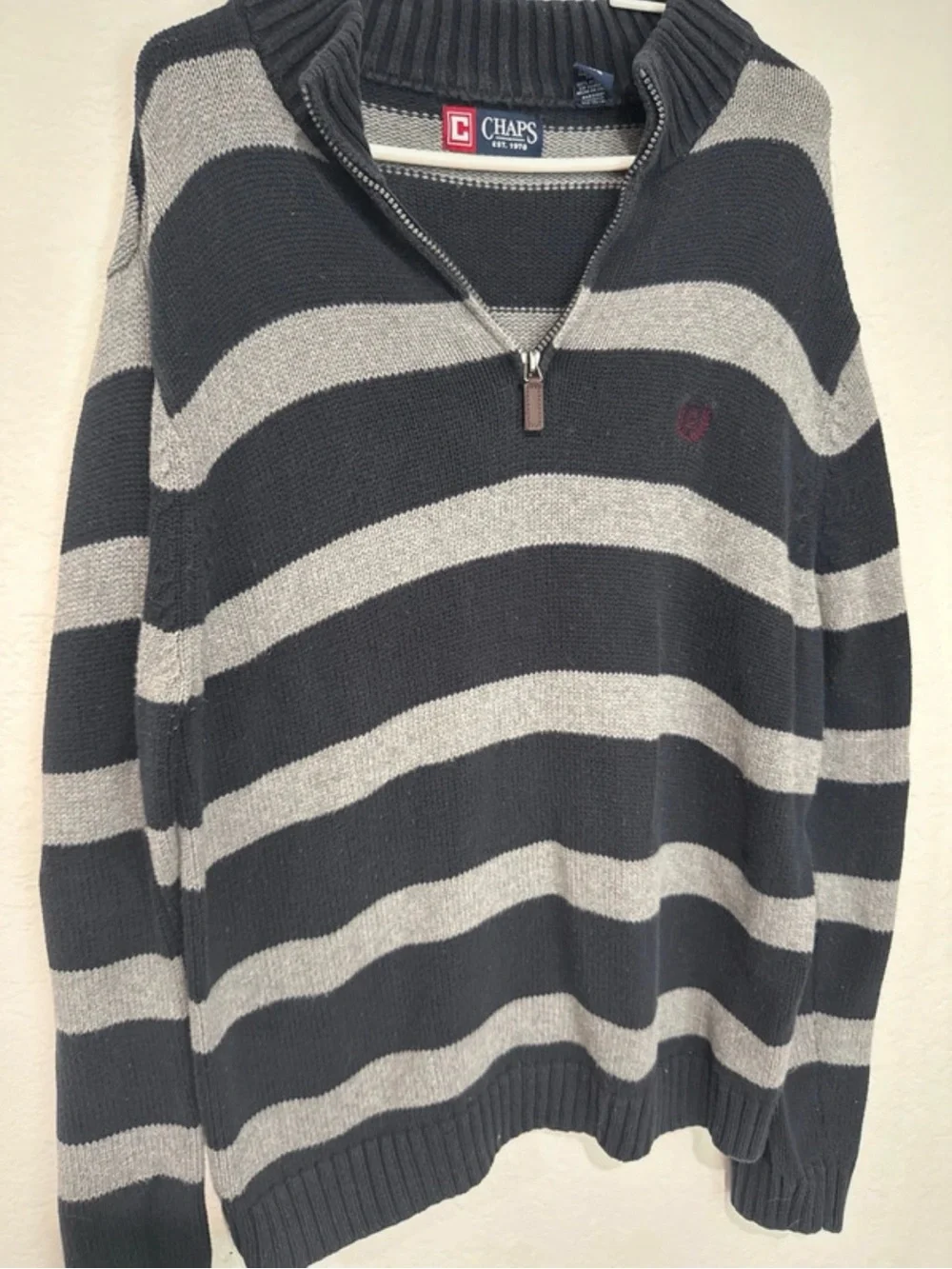 Chaps striped cotton quarter zip vintage style Ralph Lauren chaps grey sweater